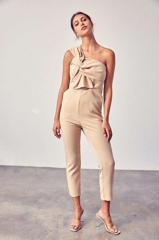 New Season One Shoulder Jumpsuit Taupe