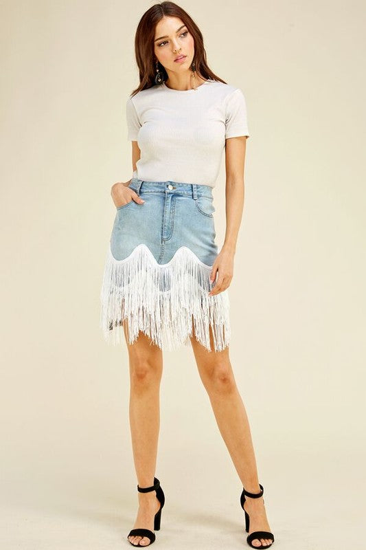 Denim Fringe Skirt - Final Price – District Runway Denim Fringe Skirt - Final Price – District Runway