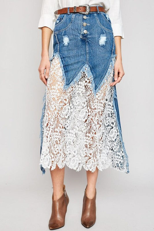 Denim Maxi Skirt with Lace Detailing