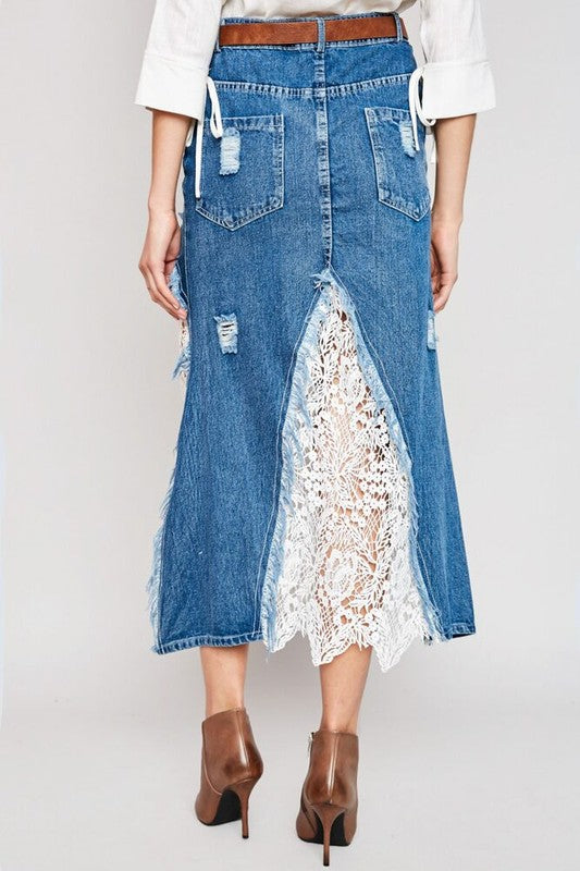 Denim Maxi Skirt with Lace Detailing
