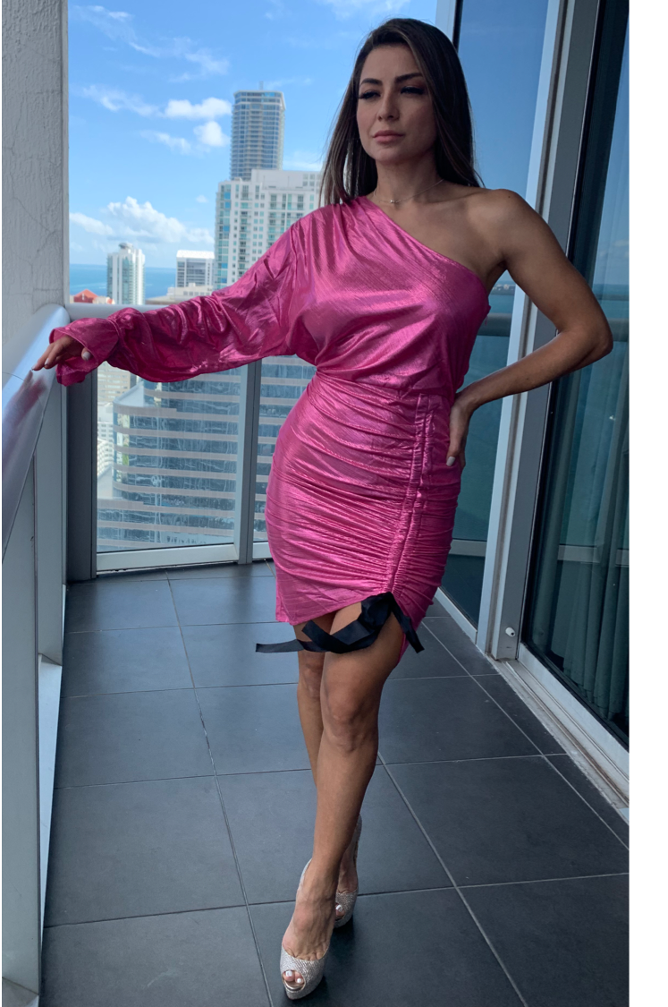 pink Metallic One Shoulder Dress