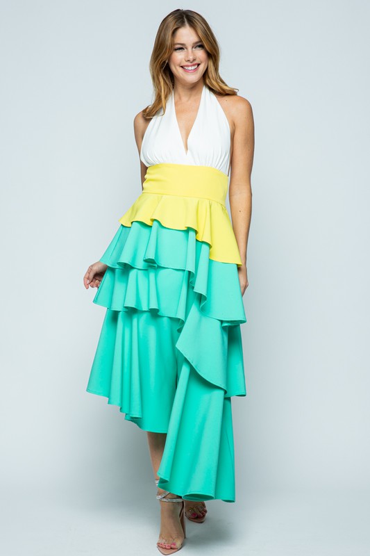 Color Block Layered Halter Dress