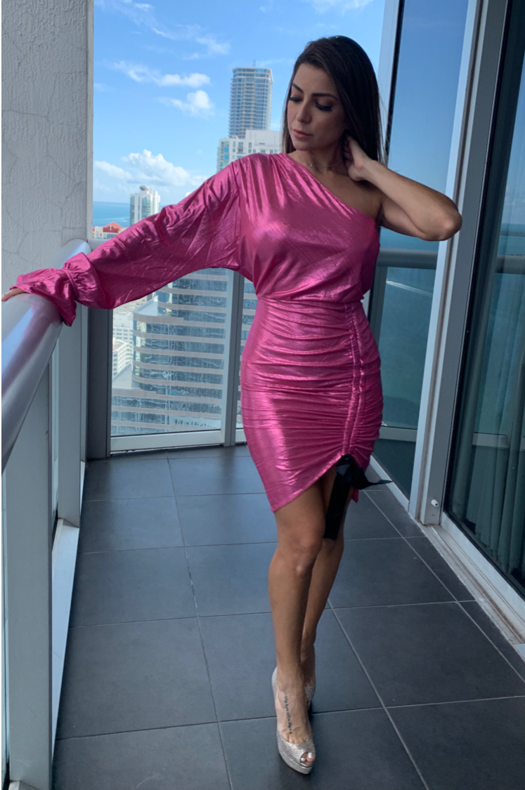 pink Metallic One Shoulder Dress