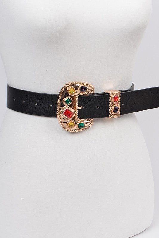 Jeweled Buckle Faux Leather Belt