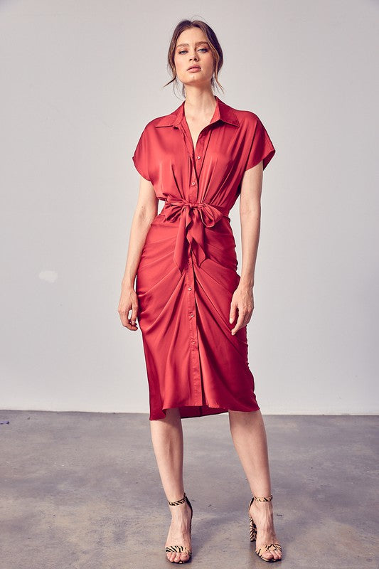 Introducing Fall Collection Savvy Red Satin Midi Dress