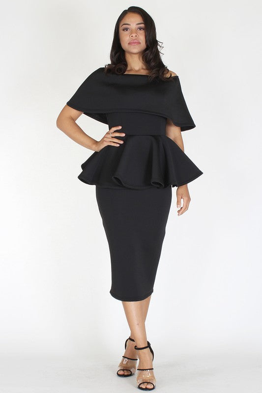BLACK SOLID OFF SHOULDER PEPLUM DRESS - NEOPRENE District Runway BLACK SOLID OFF SHOULDER PEPLUM DRESS - NEOPRENE District Runway