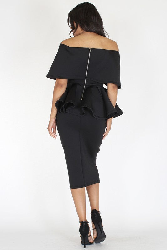 BLACK SOLID OFF SHOULDER PEPLUM DRESS - NEOPRENE – District Runway