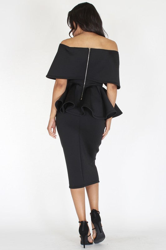 black off the shoulder peplum dress BLACK SOLID OFF SHOULDER PEPLUM DRESS