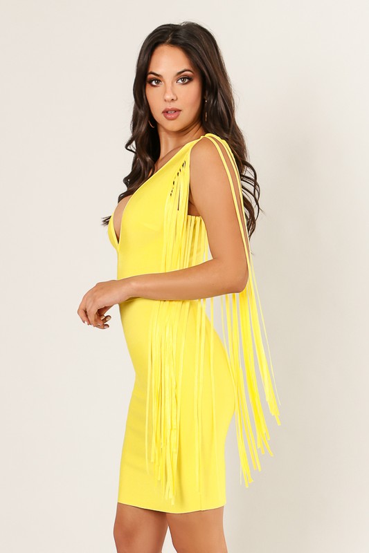 Fringe Sleeve Bandage Dress Lemon Color