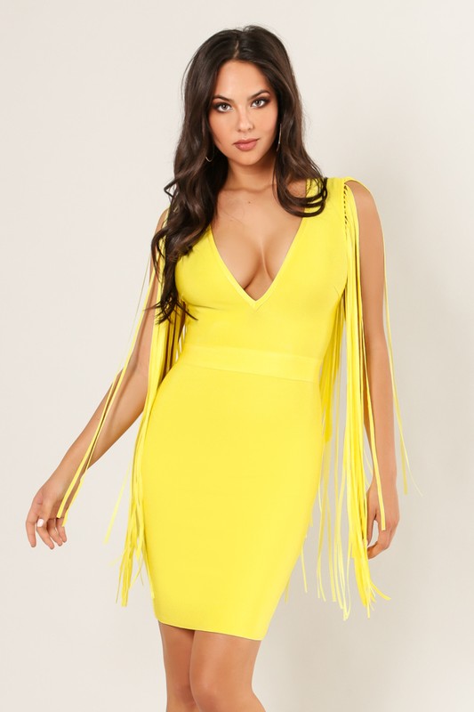 Fringe Sleeve Bandage Dress Lemon Color