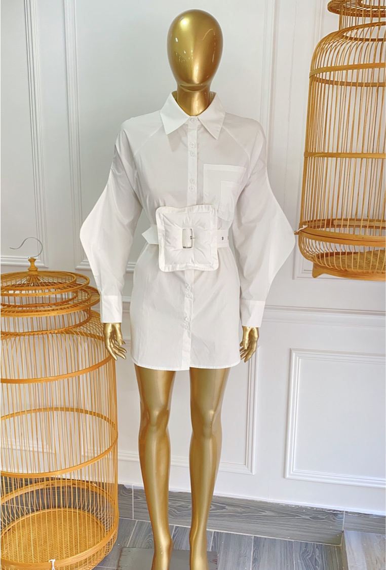 Tunic Dress Shirt Blouse + Belt White