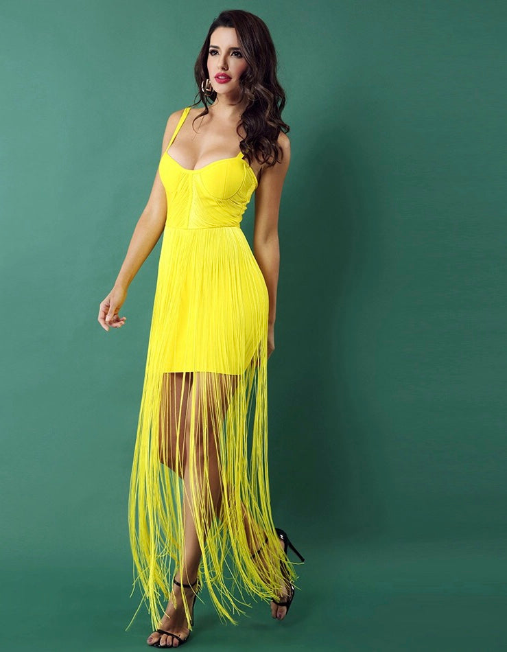 MONIQUE BANDAGE FRINGE DRESS