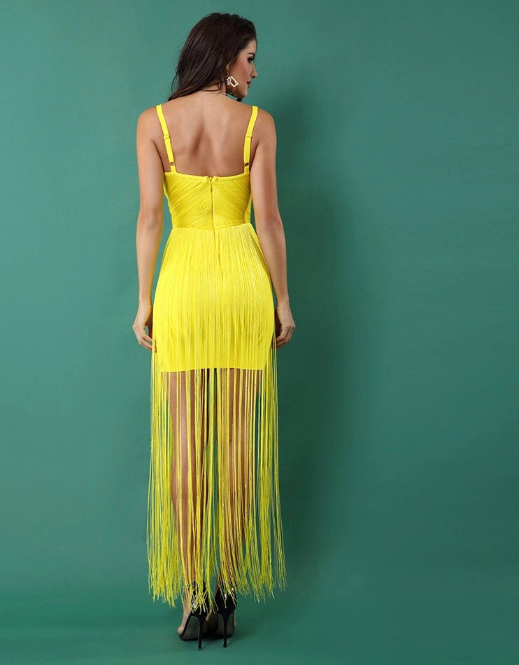 MONIQUE BANDAGE FRINGE DRESS