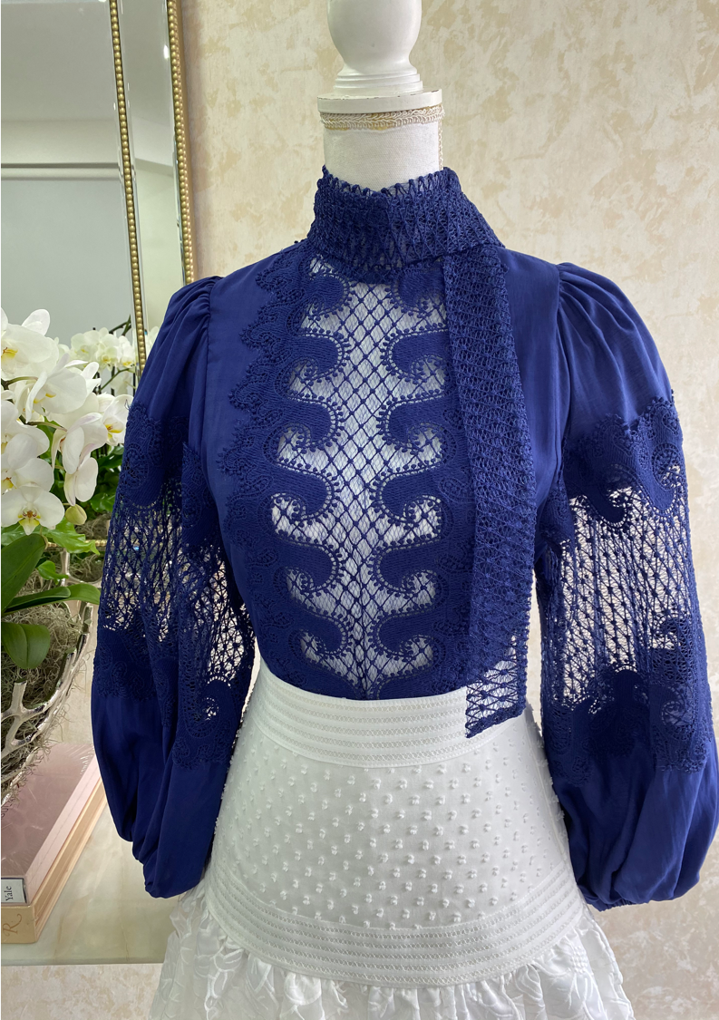 Navy Blue Crochet Elegant Blouse