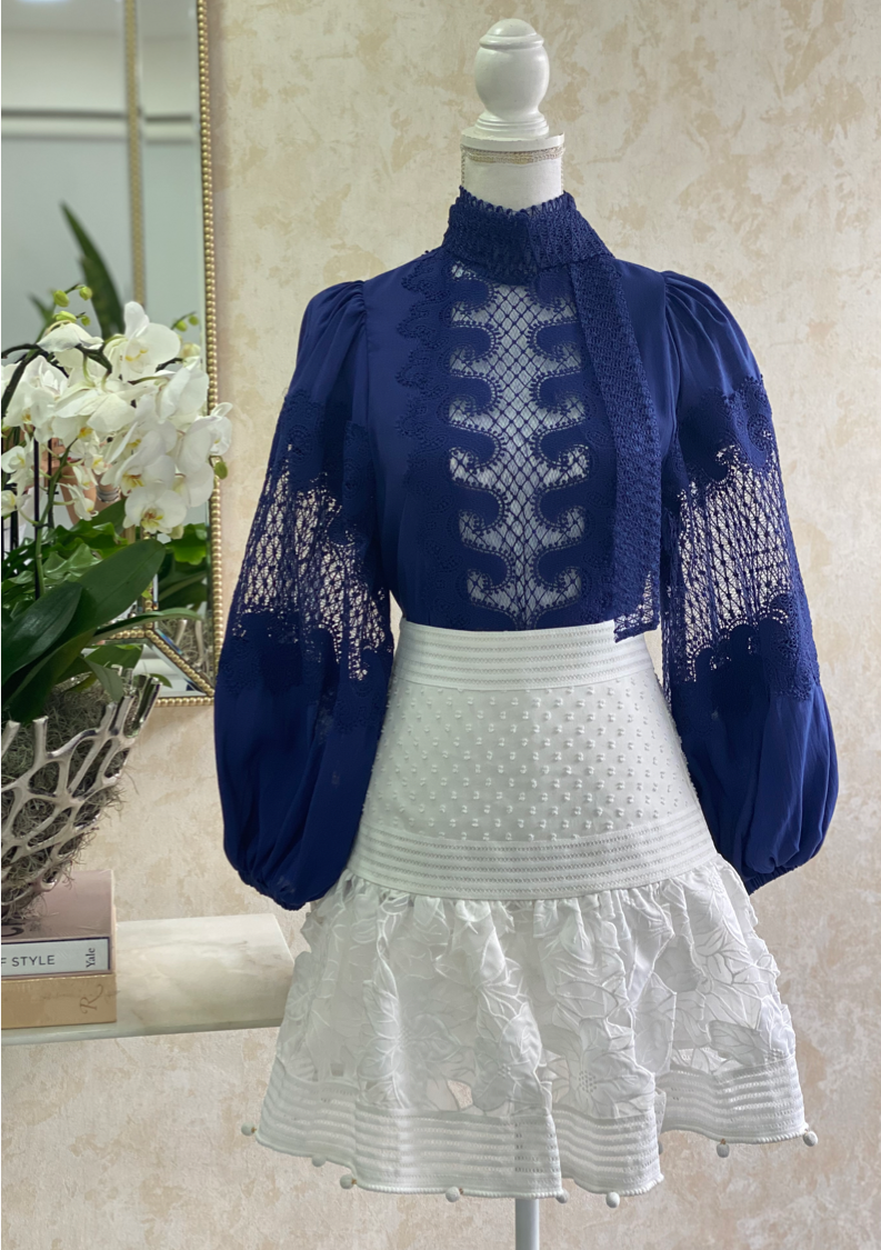 Navy Blue Crochet Elegant Blouse
