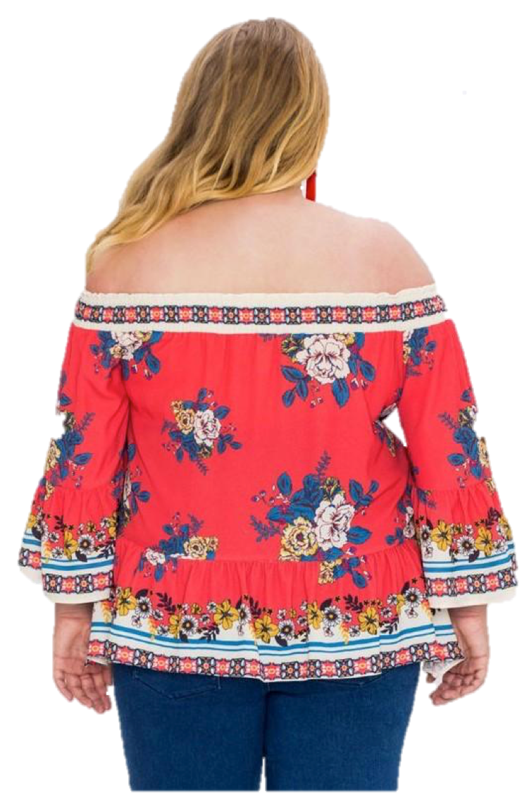 OFF SHOULDER TOP WITH FLOWER PRINT- PLUS SIZE