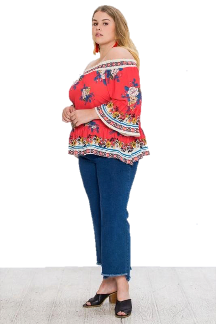 OFF SHOULDER TOP WITH FLOWER PRINT- PLUS SIZE