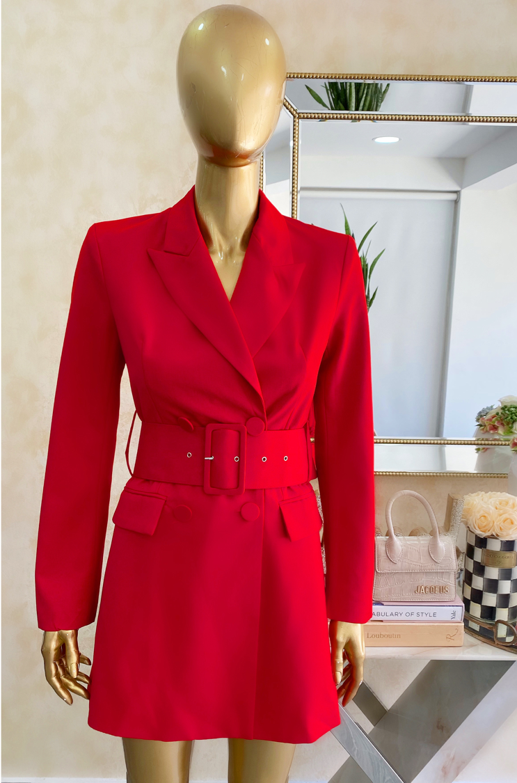 Red Tuxedo Belted Dress