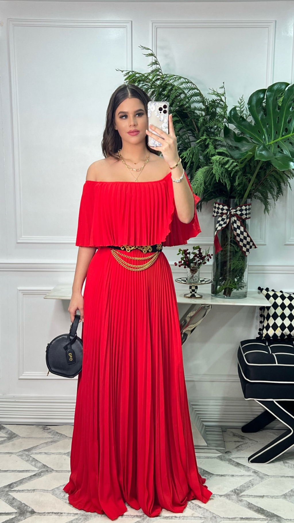 Off Shoulder Pleated Maxi Dress Red