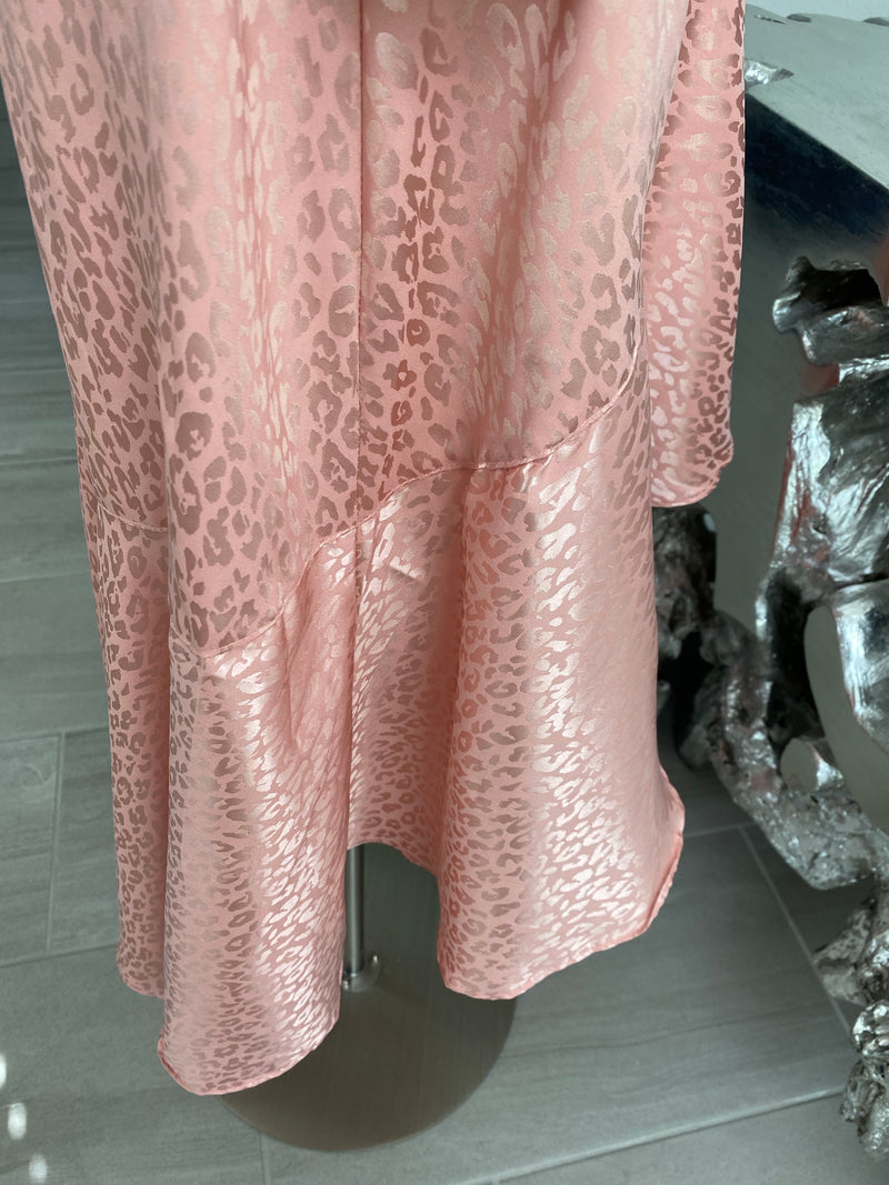 Satin Cheetah Print Long Sleeve Wrap Midi Dress