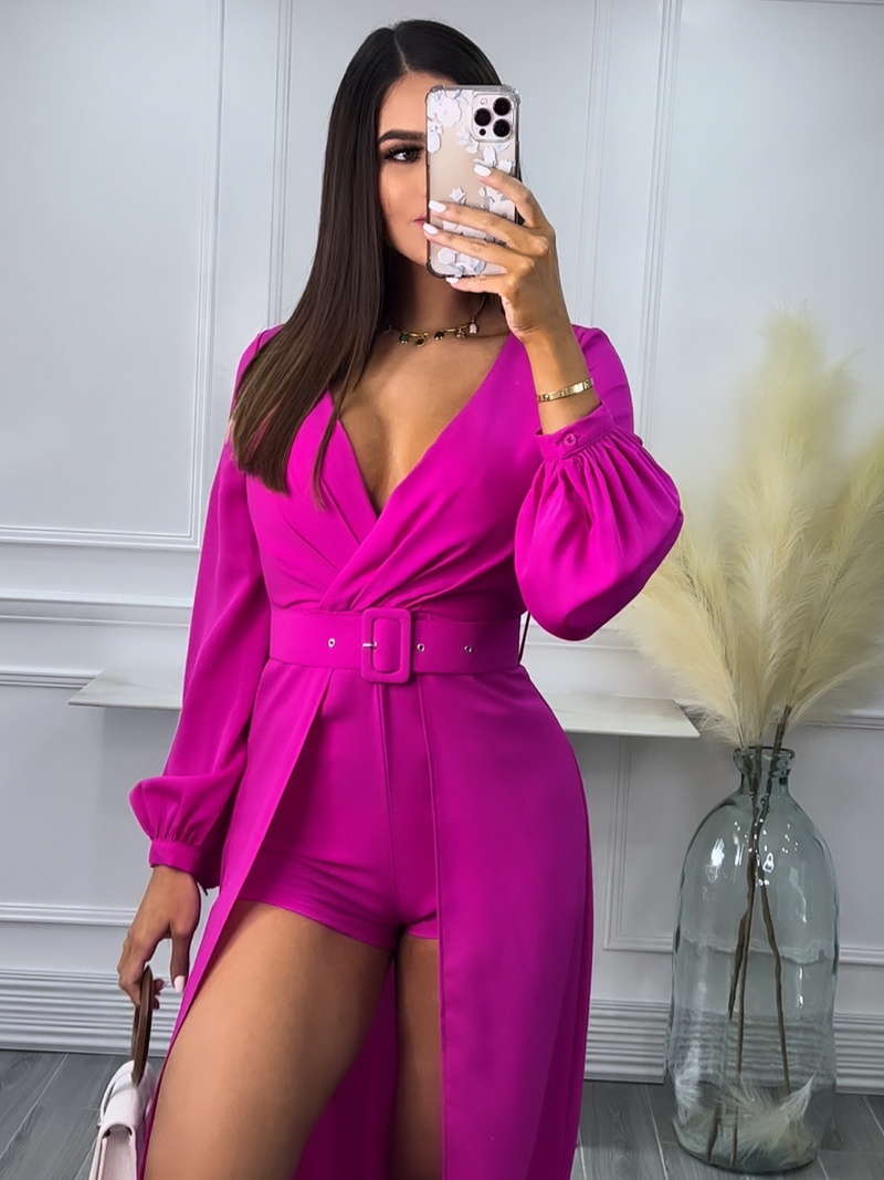 LONG SLEEVE BELTED CAPE ROMPER