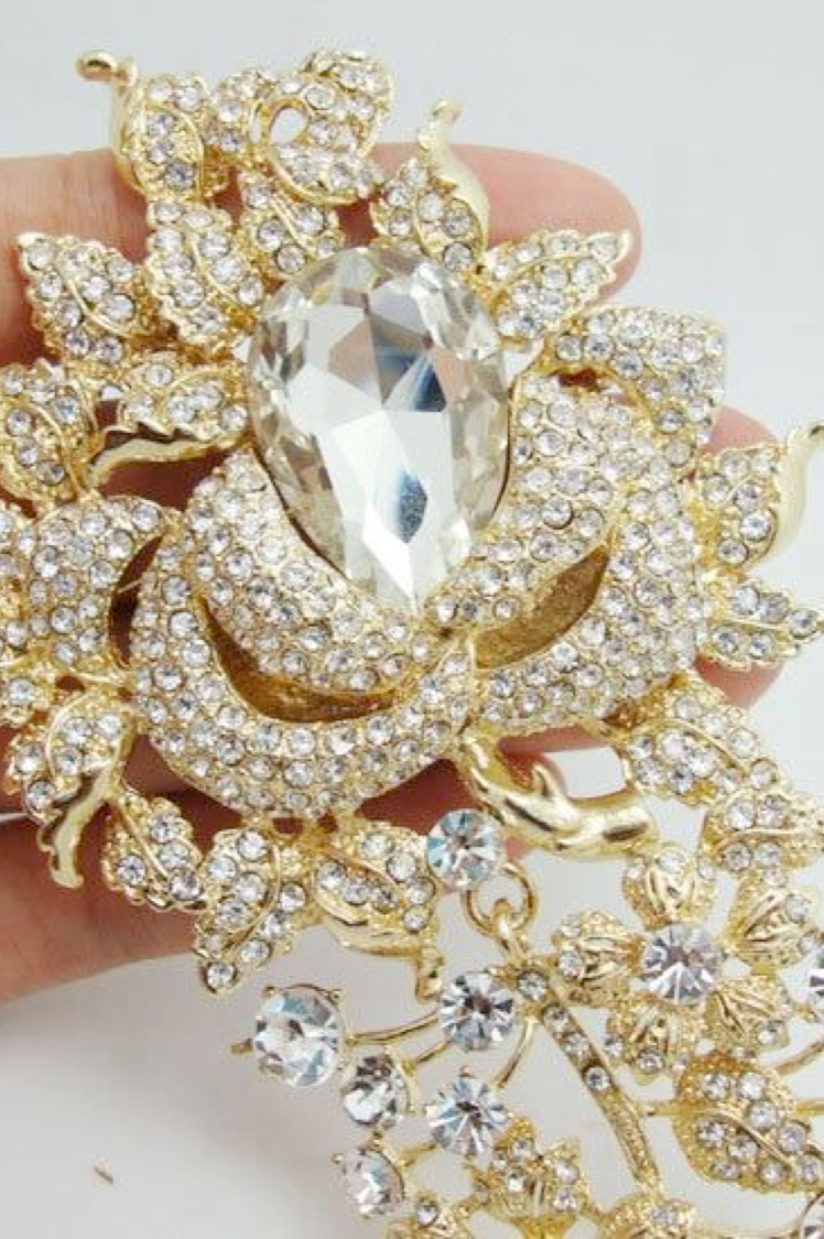 Big Crystal Brooch Pin Gold