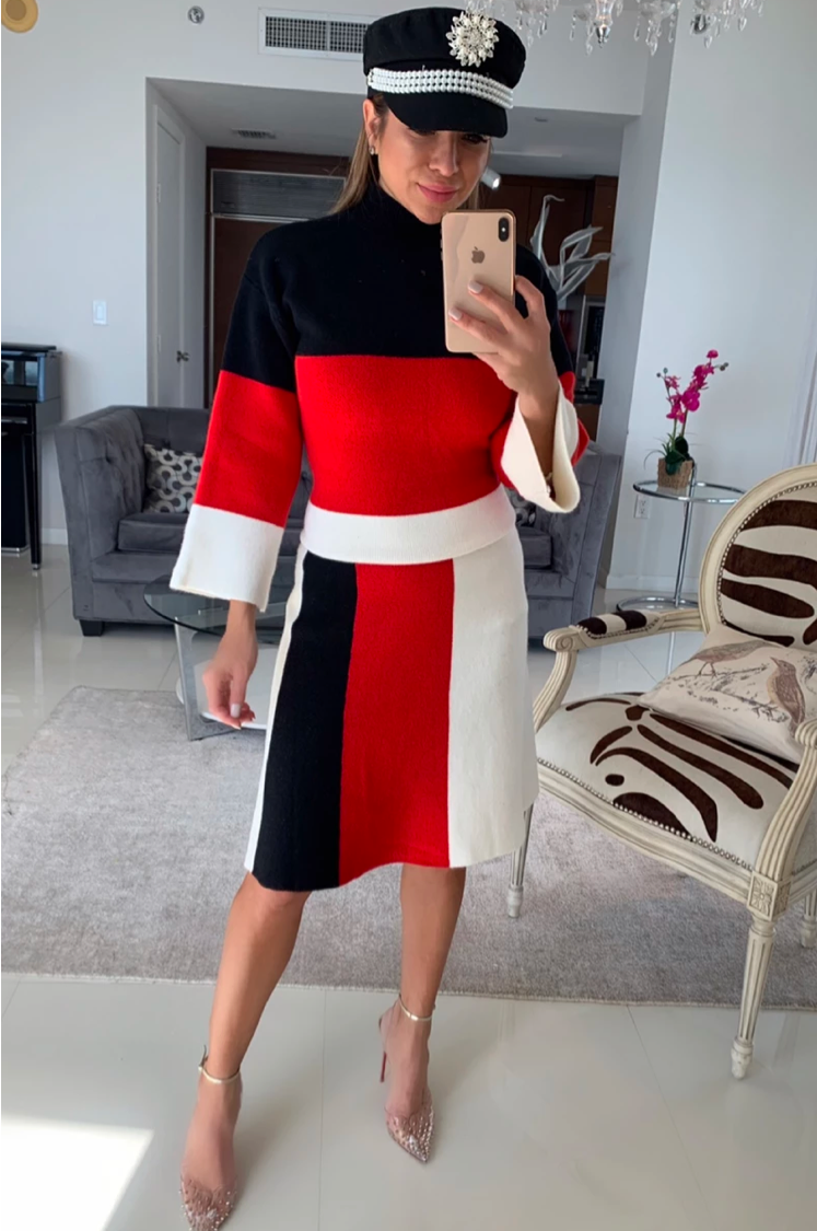 Elegant Chic Color Block Pullover Skirt Set