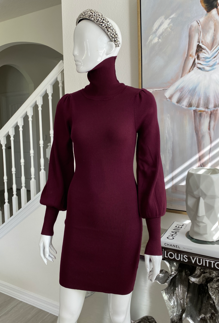 Marie Rin Knit Turtle NecK Puff Sleeve Dress